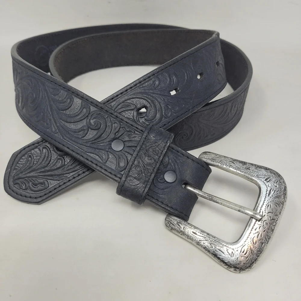 Silver Creek Belt 44 Black Leather Floral Tooled Western Cowboy Rodeo USA